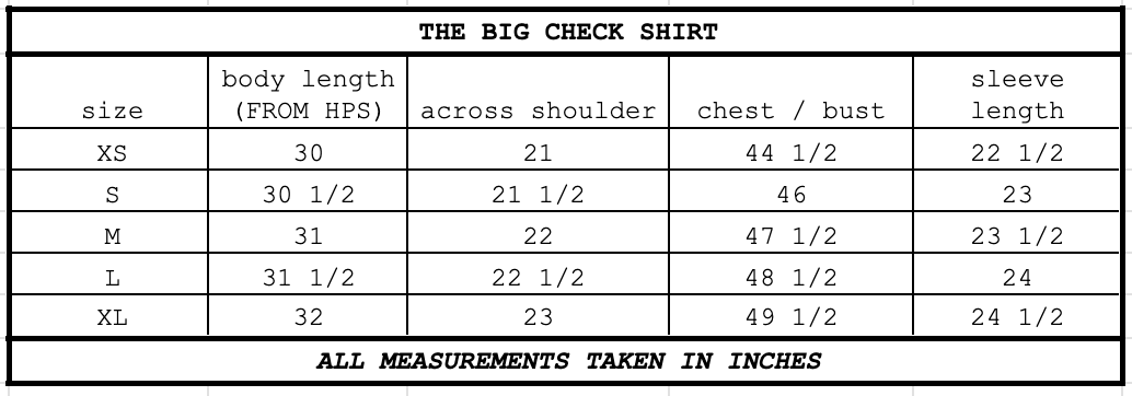 Size chart for The Big Check Shirt