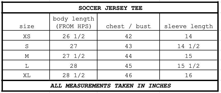 Size chart for Soccer Jersey Tee Navy