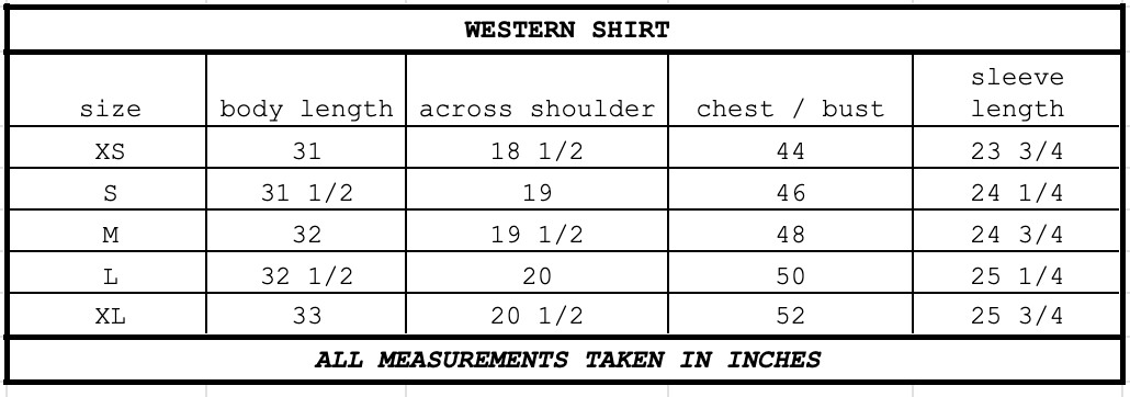 Size chart for Western Shirt Red Rock