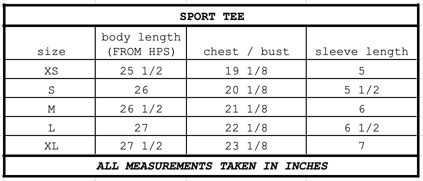 Size chart for Sport Tee Limestone