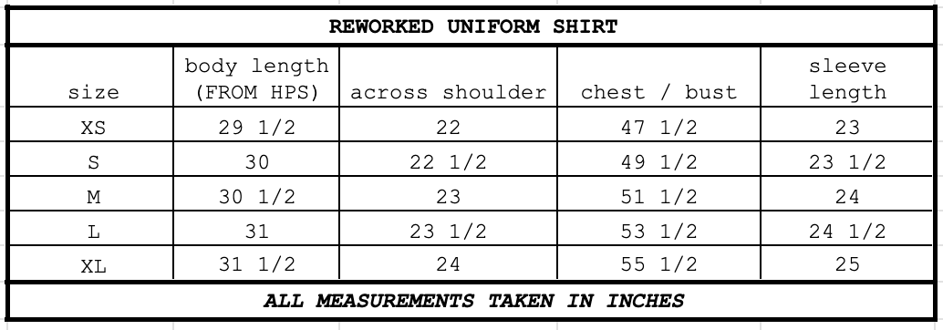 Size chart for Reworked Uniform Shirt White