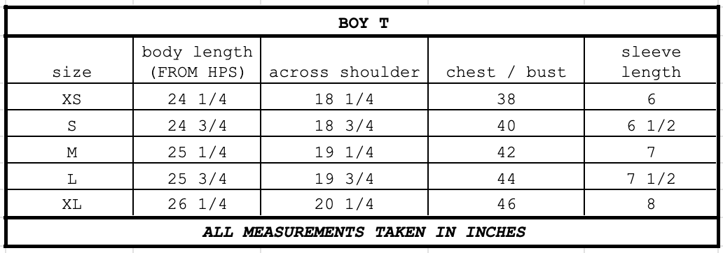 Size chart for Thanks Boy T