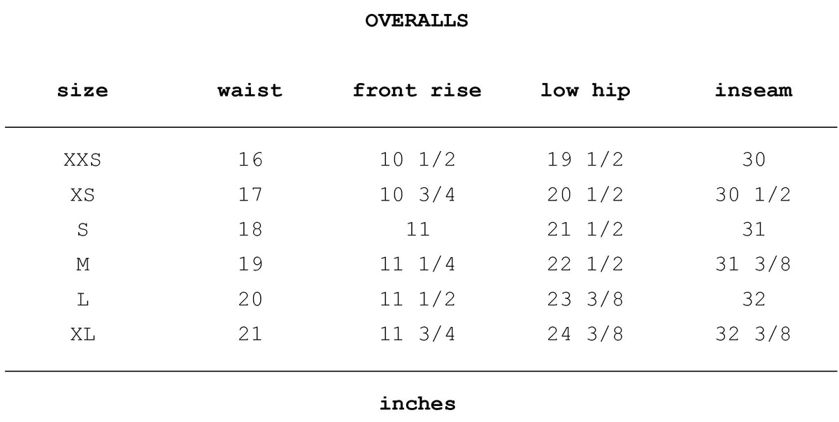 Size chart for Denim Overalls in Vintage Stone Blue