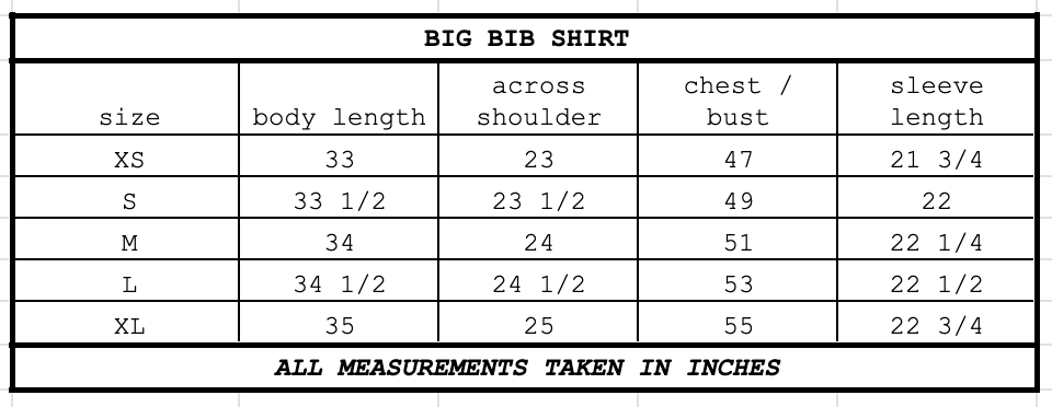 Size chart for The Big Bib Shirt White