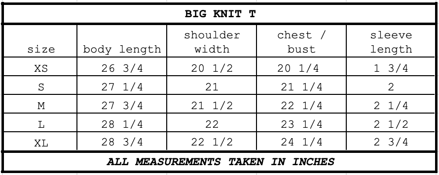 Size chart for Big Knit T White