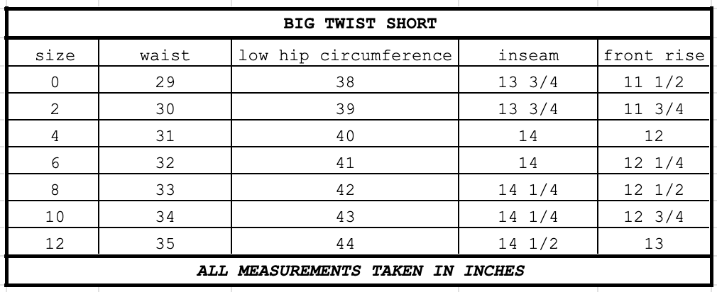 Size chart for Big Twist Short Black