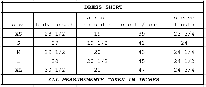 Size chart for Dress Shirt Black