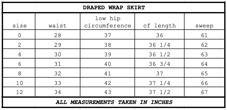 Size chart for Draped Wrap Skirt Black Plaid