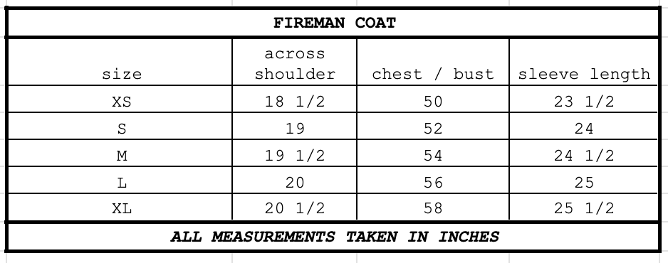 Size chart for Fireman Coat Curry