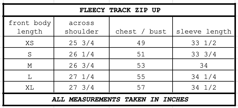 Size chart for Fleecy Track Zip Up Soil