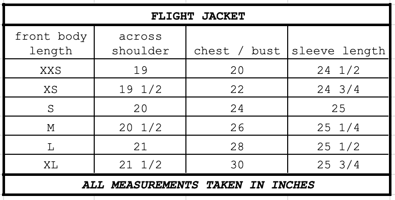 Size chart for Flight Jacket Army
