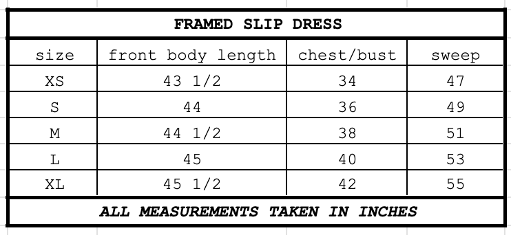 Size chart for Framed Slip Dress Citron