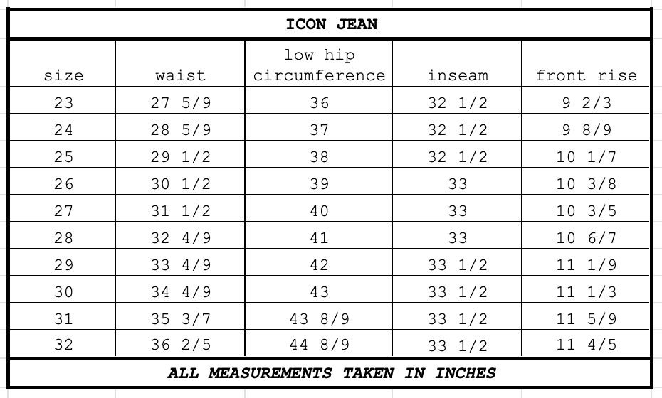 Size chart for Icon Jean Sanded Soil