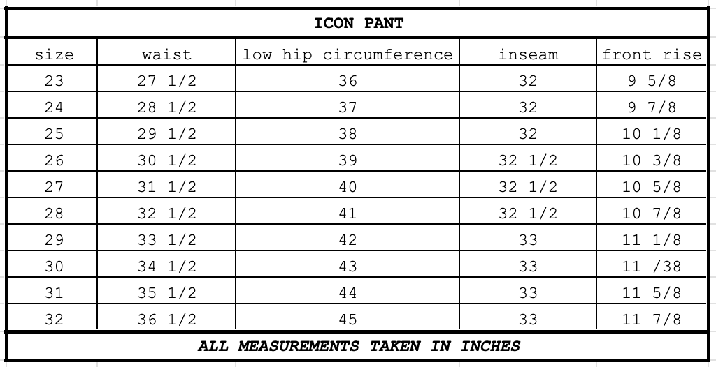 Size chart for Icon Pant Bisque