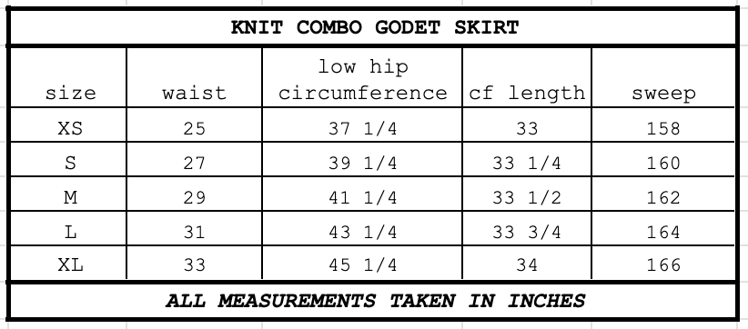 Size chart for Knit Combo Godet Skirt