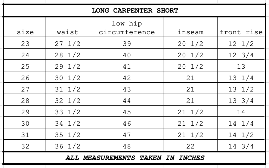 Size chart for Long Carpenter Short Bisque Check