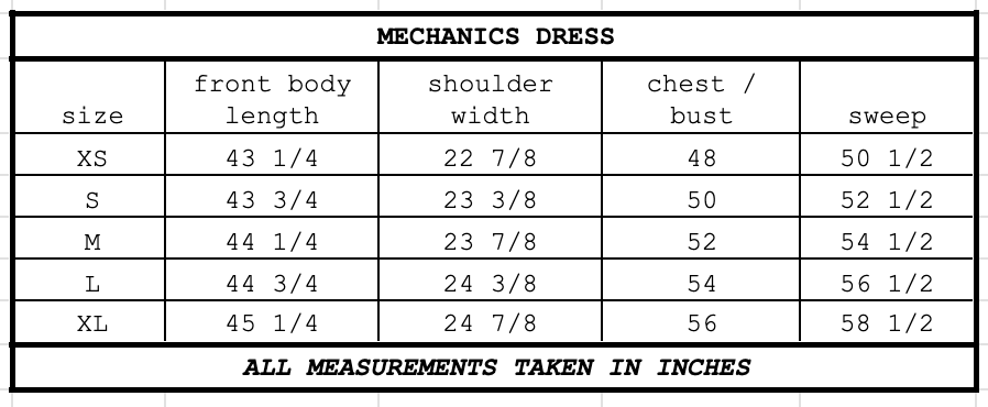 Size chart for Mechanics Dress Bisque Check