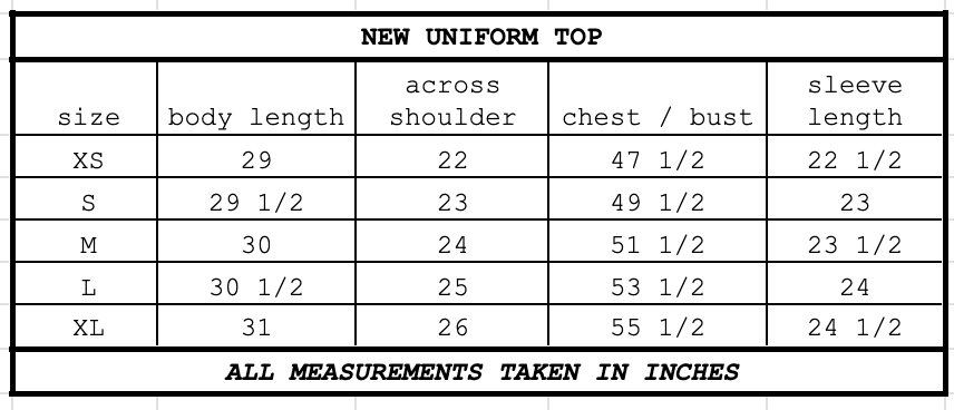 Size chart for New Uniform Top Moss