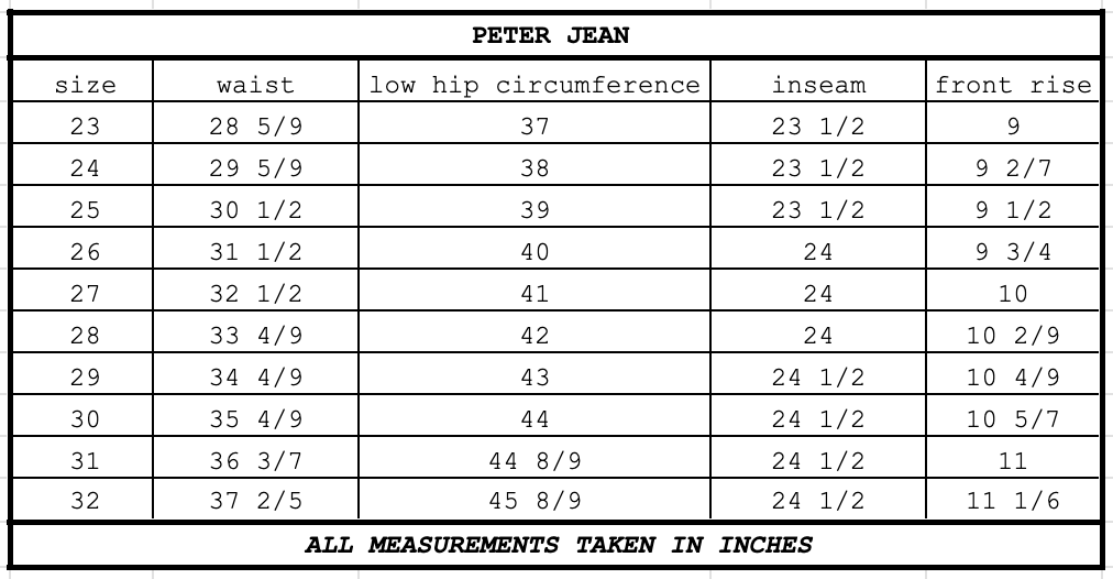 Size chart for Peter Jean Andes Blue