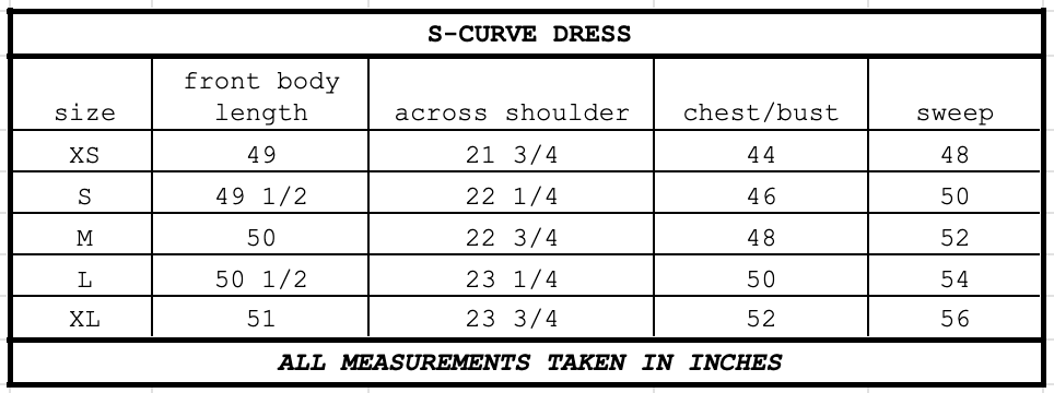 Size chart for S-Curve Dress Lemon