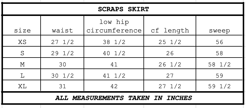 Size chart for Scraps Skirt