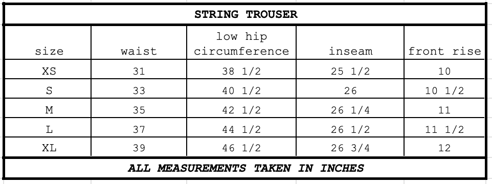 Size chart for String Trouser Black
