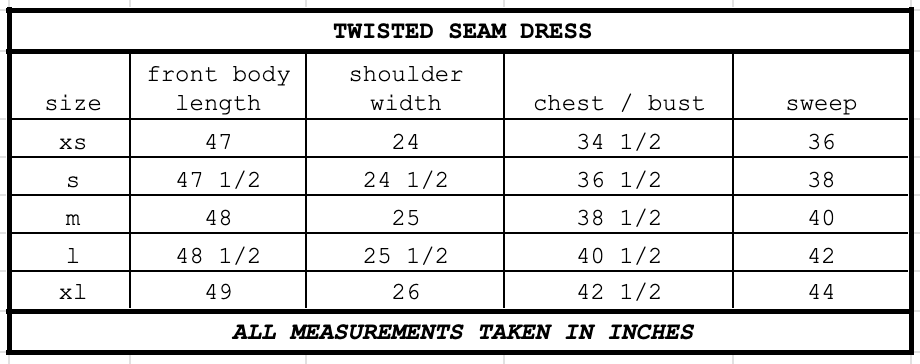 Size chart for Twisted Seam Dress Black