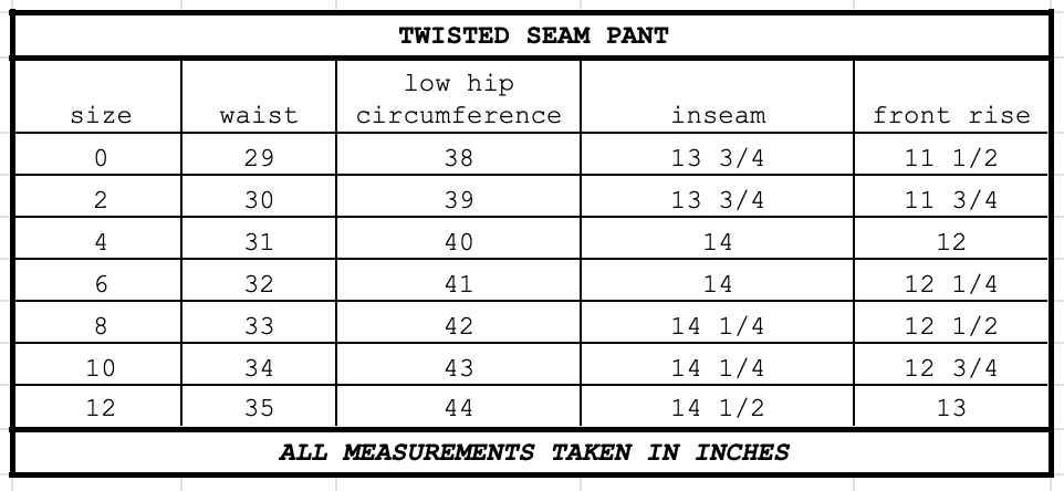 Size chart for Twisted Seam Trouser Soil