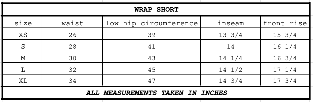 Size chart for Wrap Short Navy Tartan