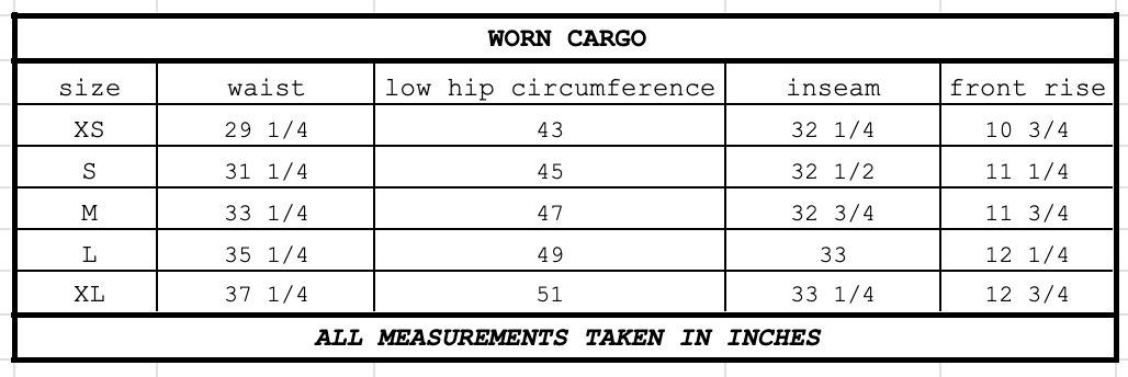 Size chart for Worn Cargo Army