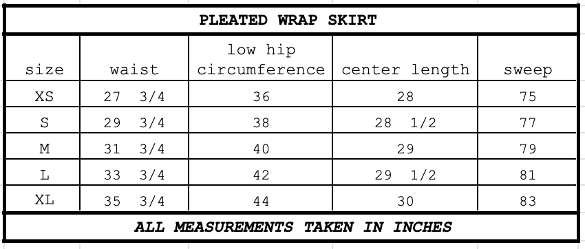 Size chart for Pleated Wrap Skirt Jet