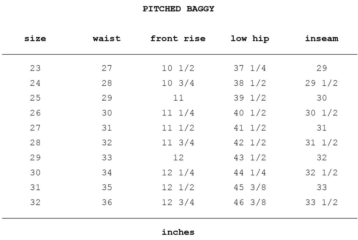 Size chart for Coated Pitched Baggy Copper