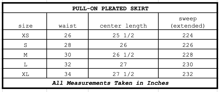 Size chart for Pull-On Pleated Skirt Boysenberry