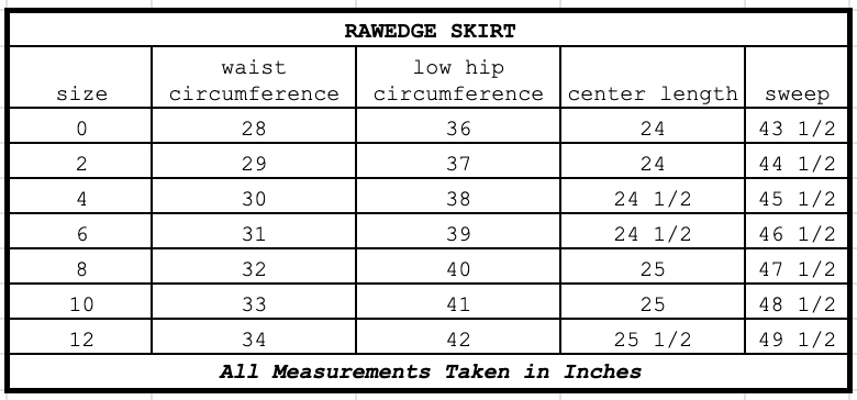 Size chart for Rawedge Skirt Ebony