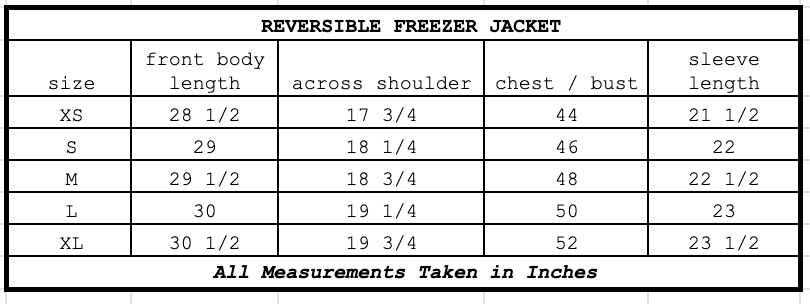Size chart for Reversible Freezer Jacket Red Oak