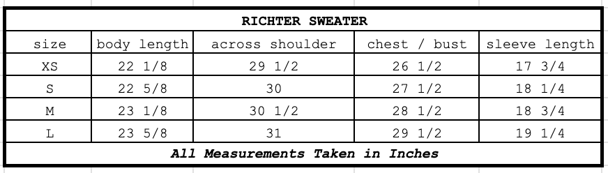 Size chart for Richter Sweater Heather Grey
