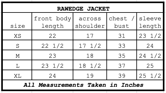 Size chart for Rawedge Jacket Ebony