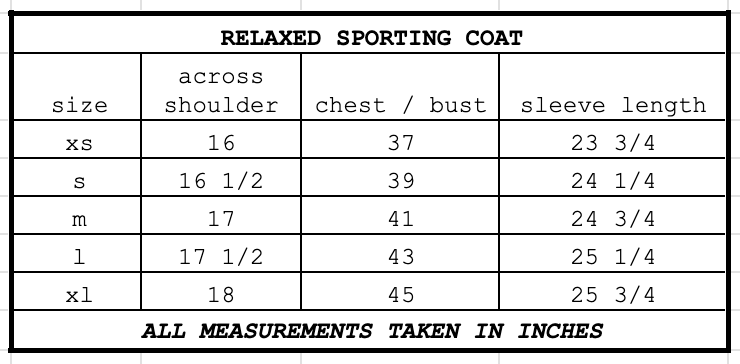 Size chart for Relaxed Sporting Coat Grey Check