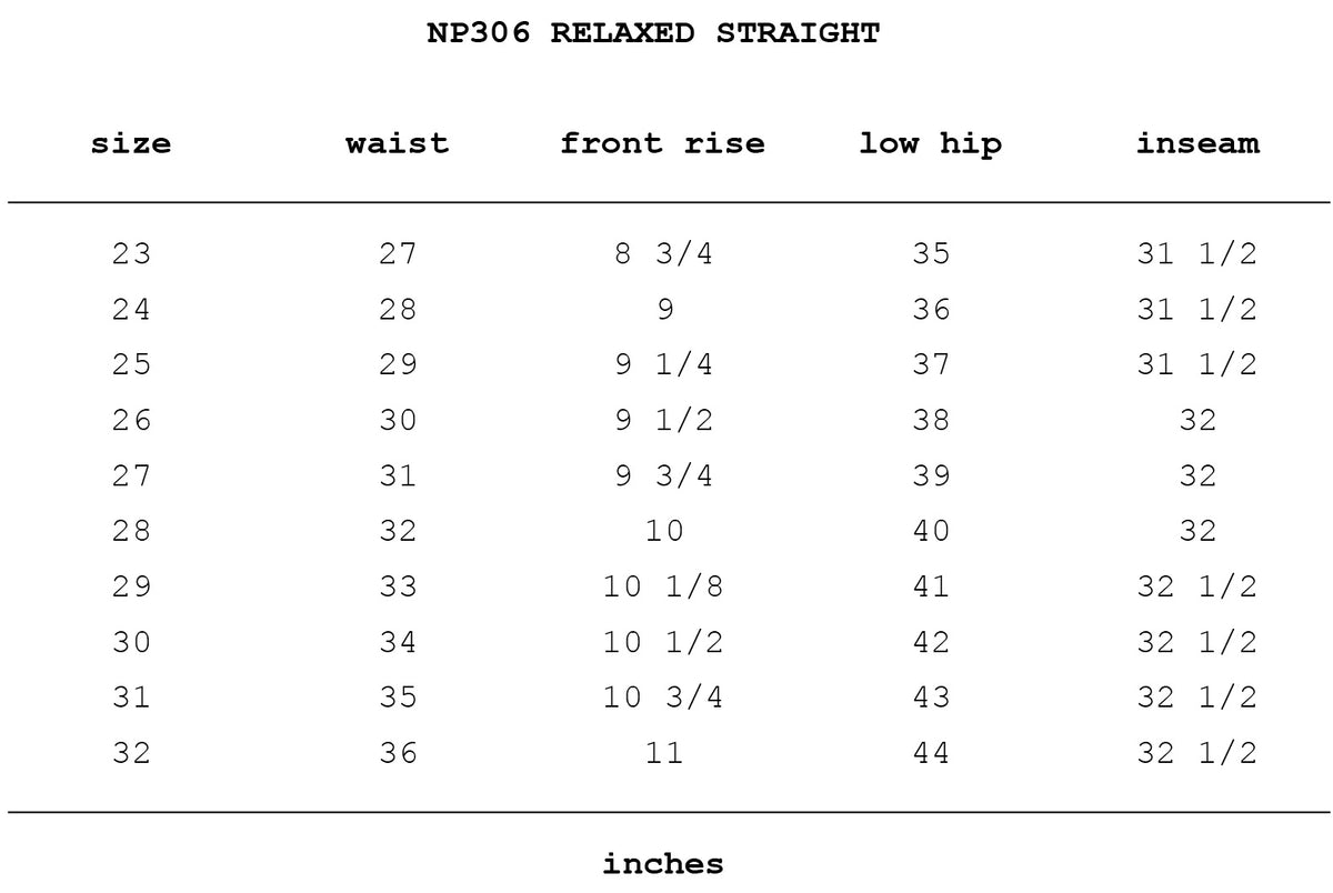 Size chart for Torn Relaxed Straight in Torn True Blue