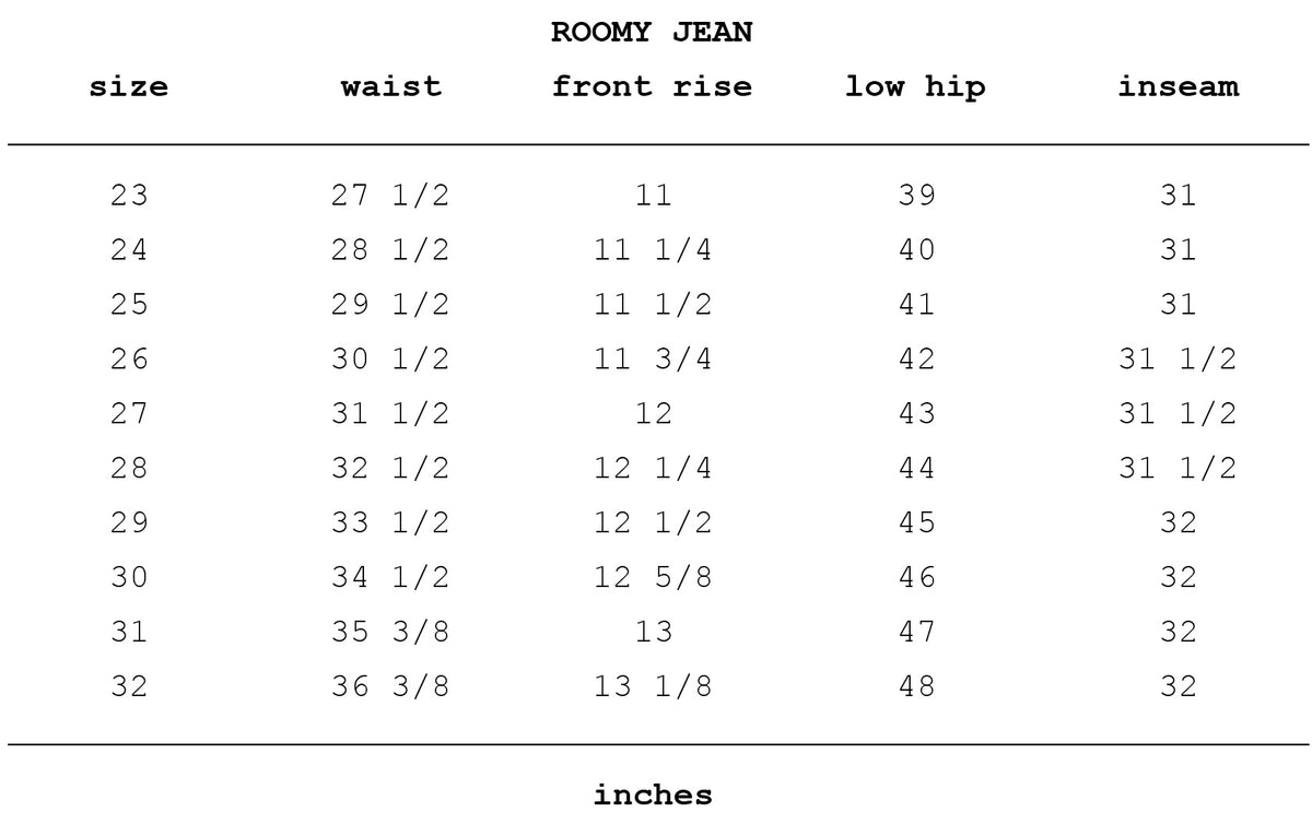 Size chart for Roomy Jean in 90s Blue