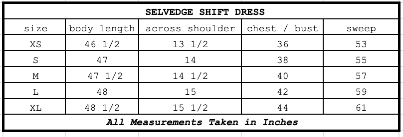 Size chart for Selvedge Shift Dress Amaro
