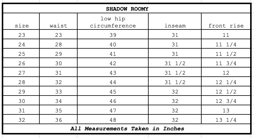 Size chart for Shadow Roomy Remnant Black