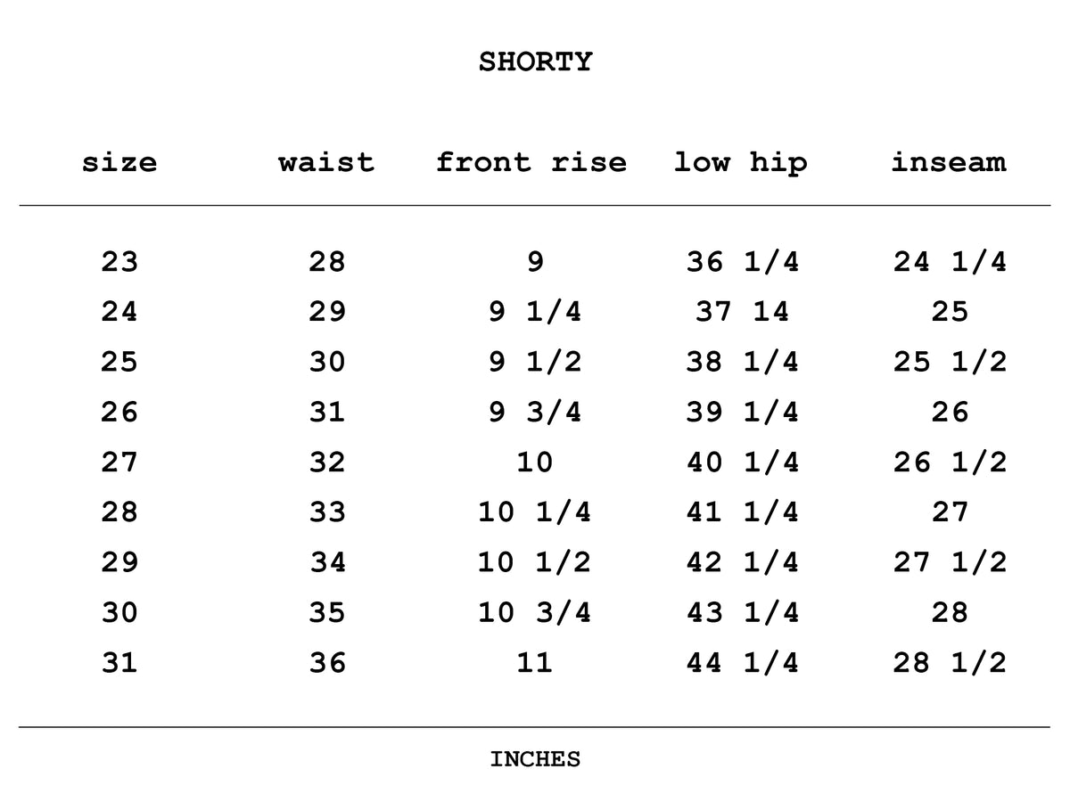 Size chart for Shorty in White