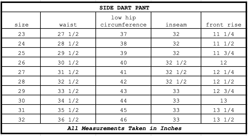 Size chart for Side Dart Pant Caper