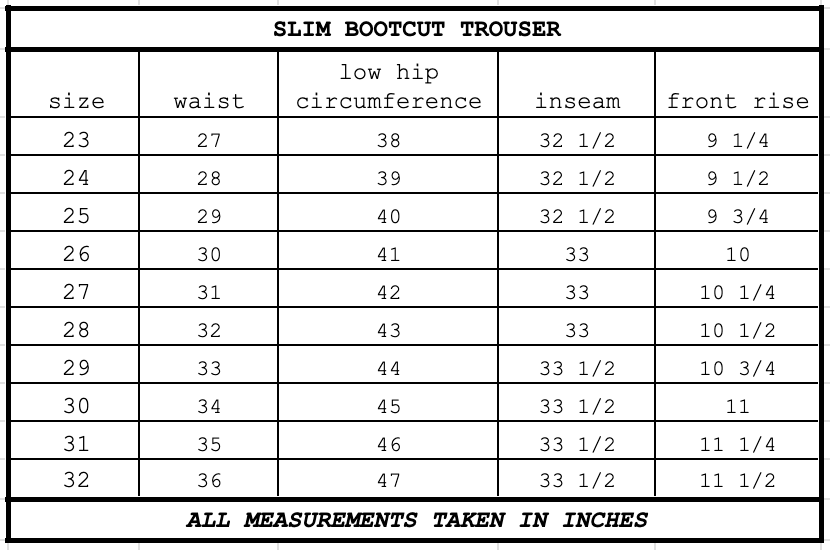 Size chart for Slim Bootcut Trouser Blonde