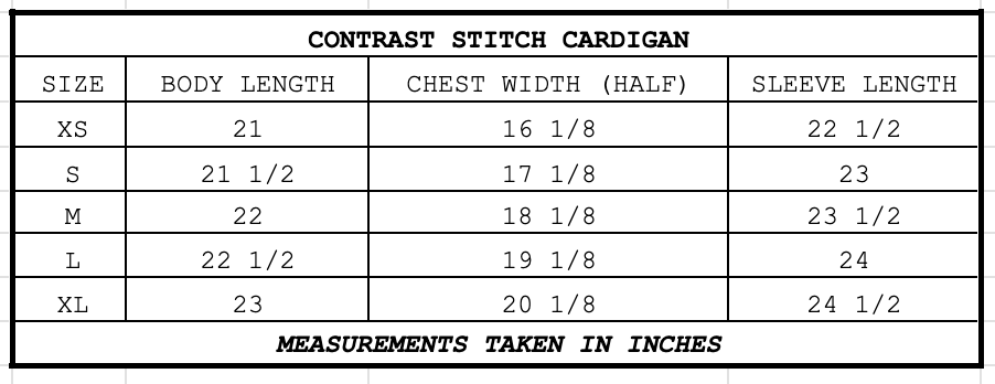 Size chart for Contrast Stitch Cardigan Creamsicle
