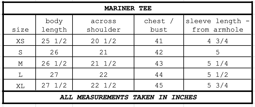 Size chart for Mariner Tee Bone Stripe