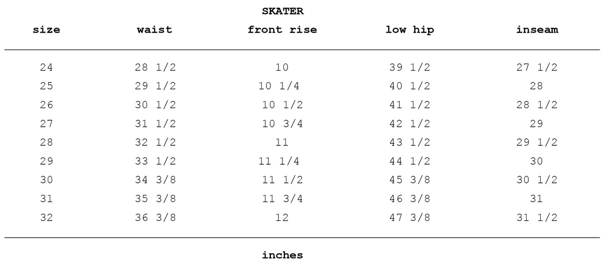 Size chart for Skater in Sunbleached Blue