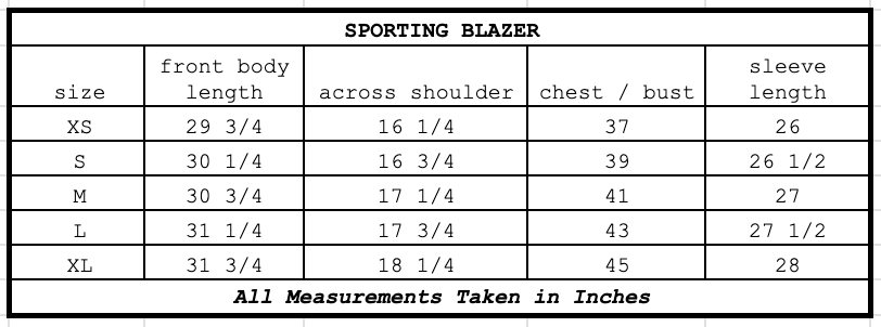 Size chart for Sporting Blazer Lead