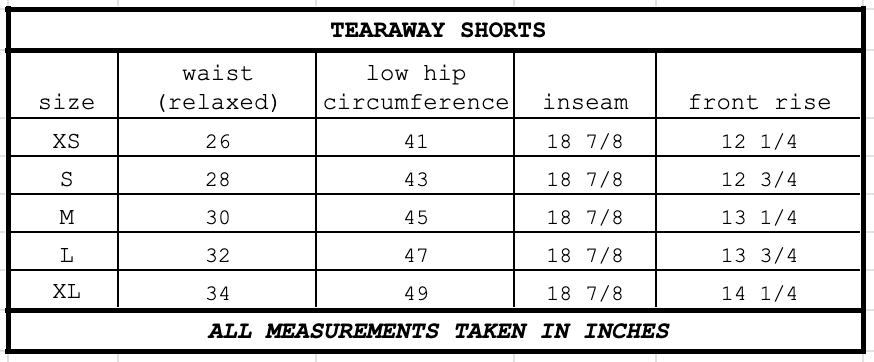 Size chart for Tearaway Shorts Cheeto